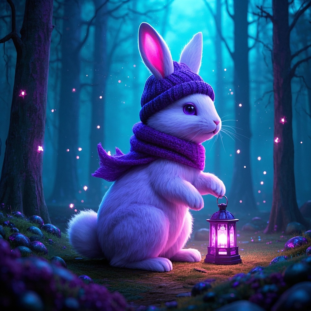 游戏开发者：生成魔法森林中的紫色光泽白兔