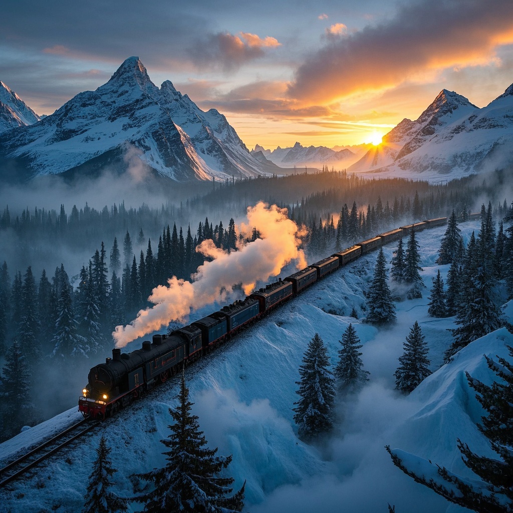 数字艺术与插画-概念草图-雪山列车暮色航拍