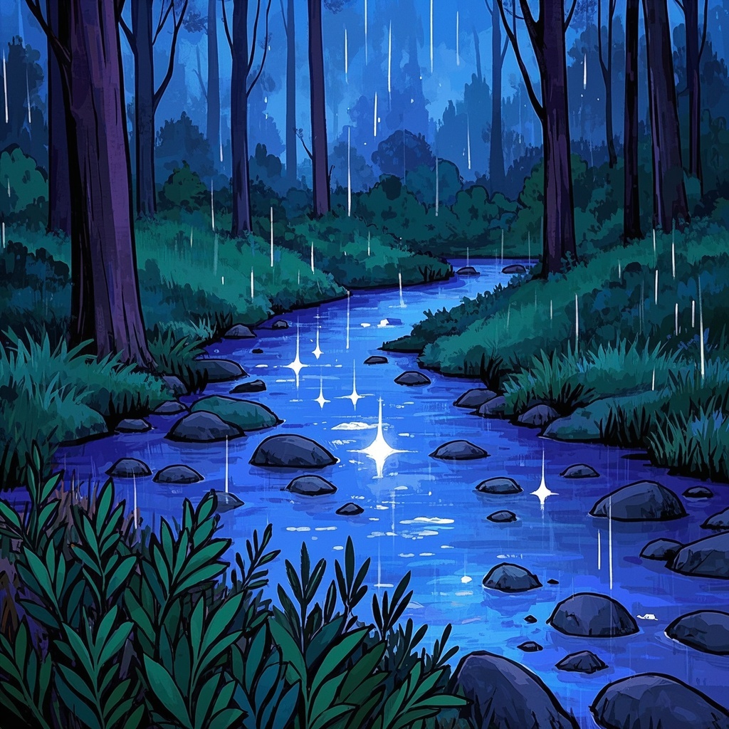 自由插画师-奇幻月夜森林背景小溪