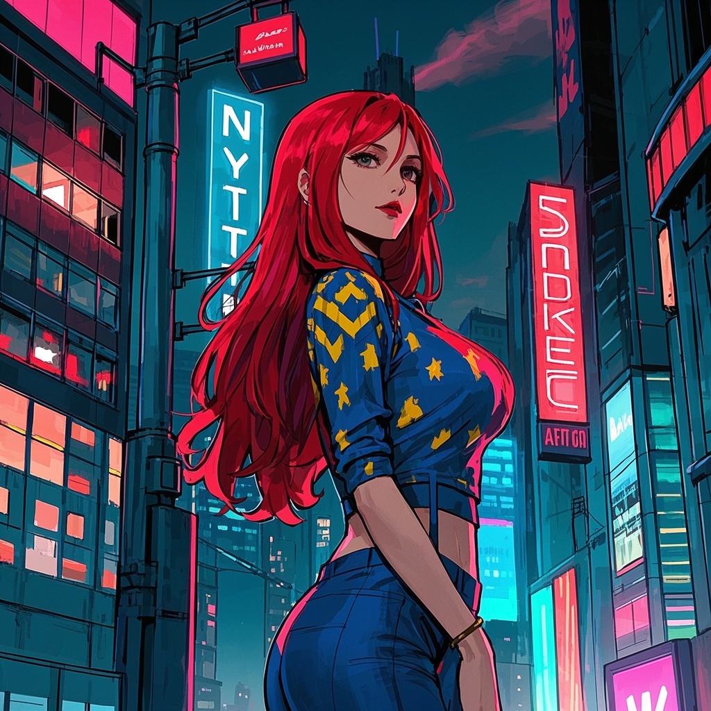 创意设计师-成熟红发女性城市氛围画