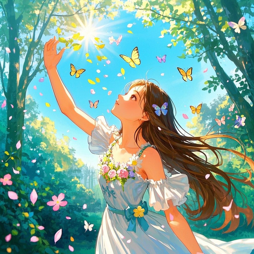 生成具有梦幻背景的童话少女插画
