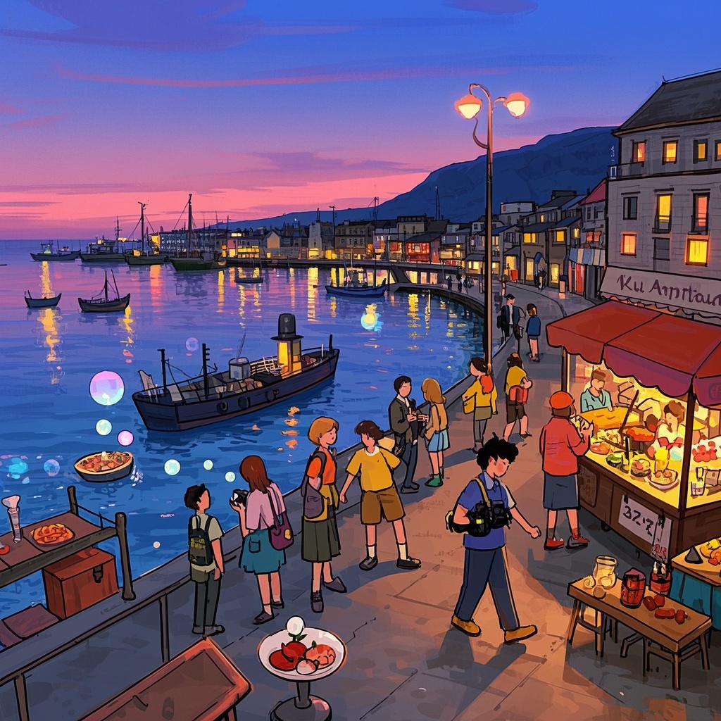 旅途趣事插画-自媒体封面-海滨黄昏治愈风