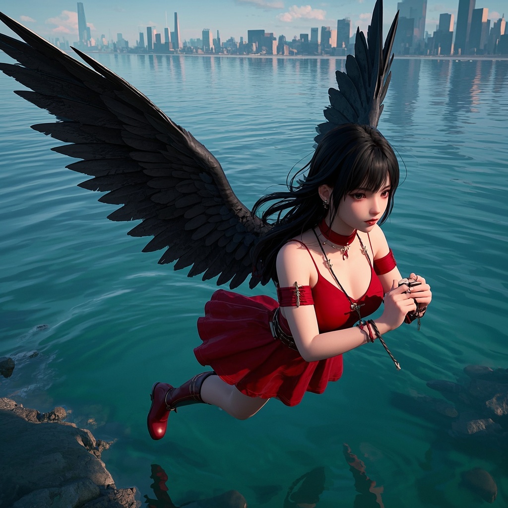 插画师创作灵感探索：黑翼少女漂浮都市构想