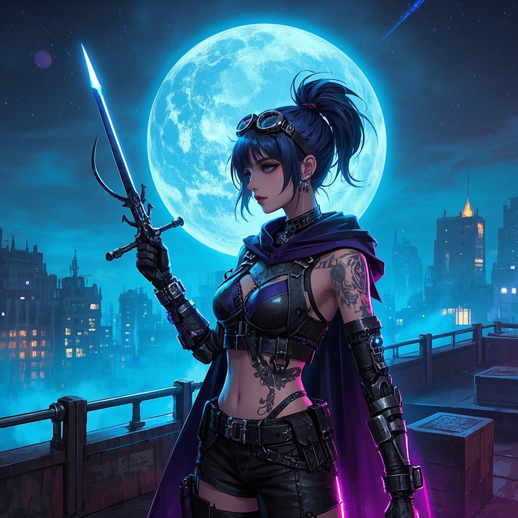 游戏与影视概念设计-角色与氛围板-月夜朋克少女幻想