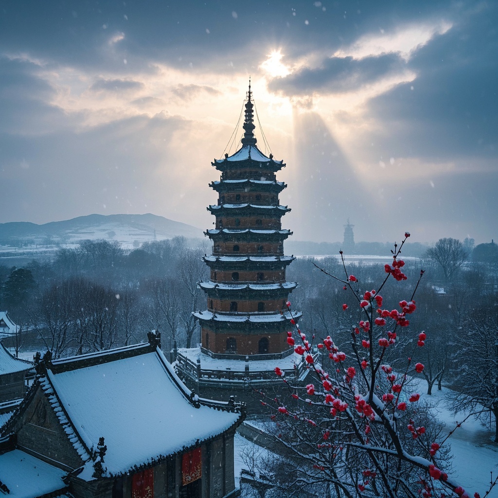 历史绘画爱好者 - 雪中古塔与阴云背景
