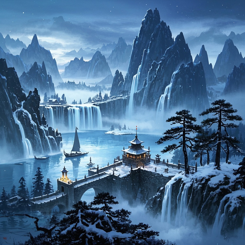 影视美术与游戏概念-水墨仙境冬韵图-概念氛围板