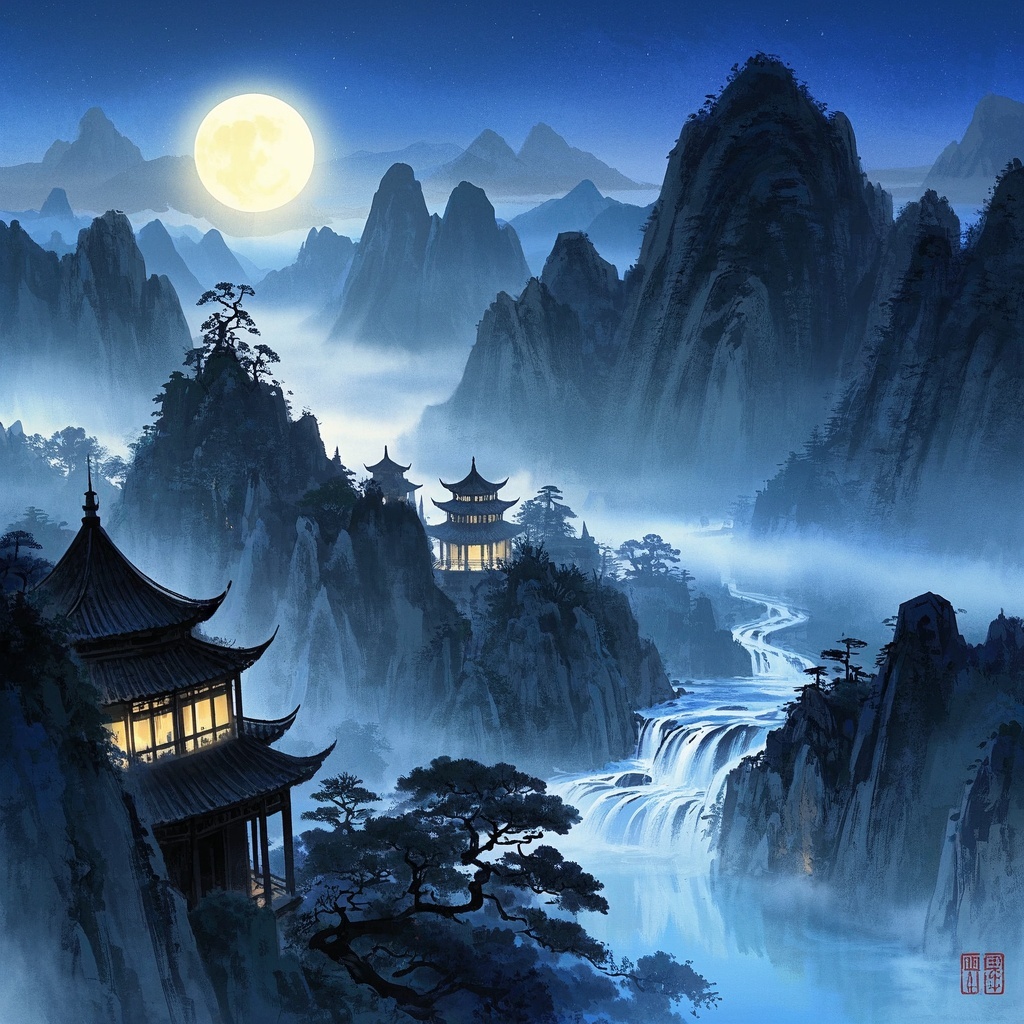 艺术创作者生成神秘山水月相图