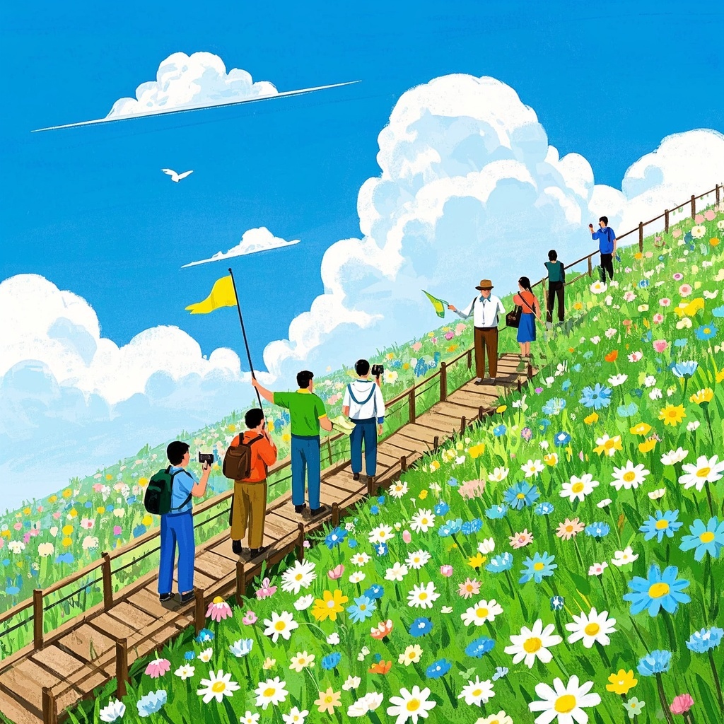 旅途趣事插画-线路海报-高原花海轻徒步主题