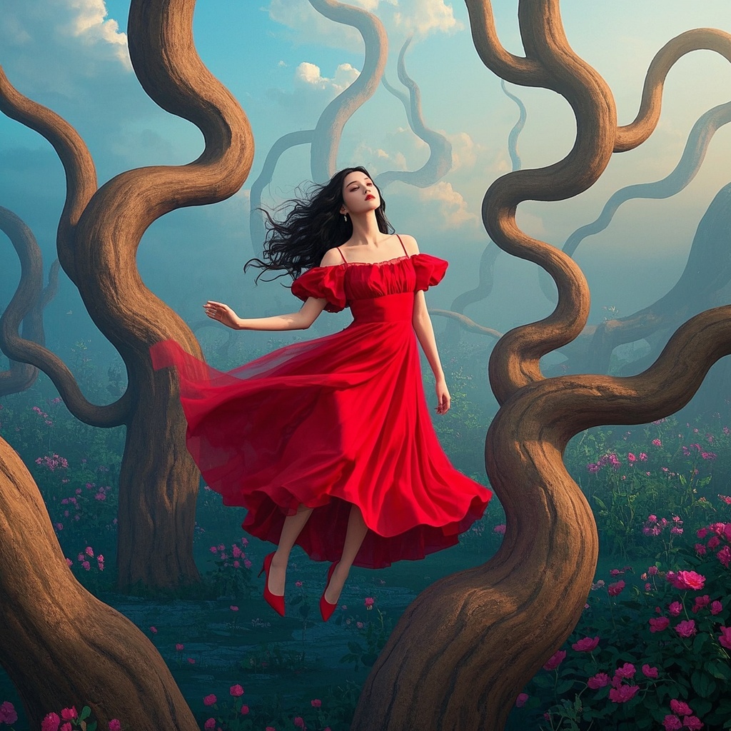 游戏美术与概念设计-女性角色情绪氛围板-奇幻风红裙女子