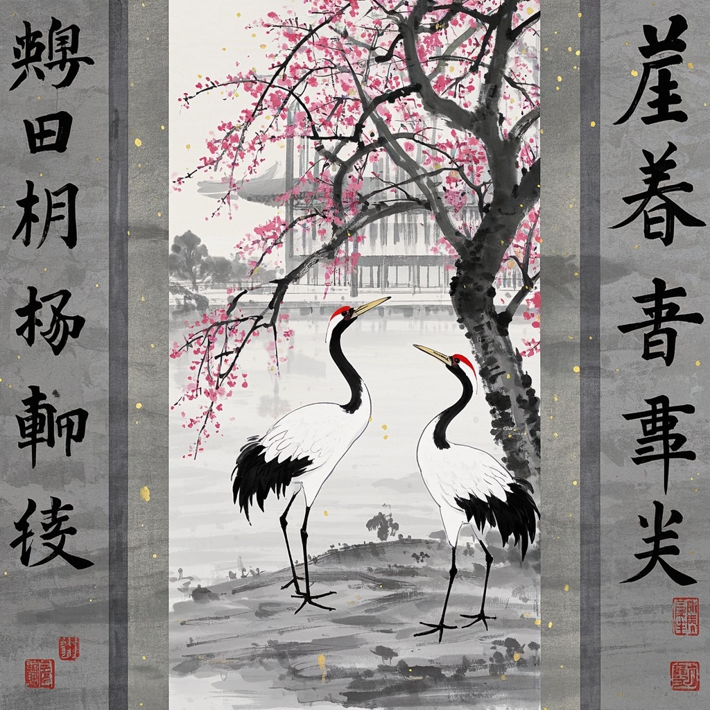 《水墨樱花鹤舞图》-文化机构展览主视觉与导视