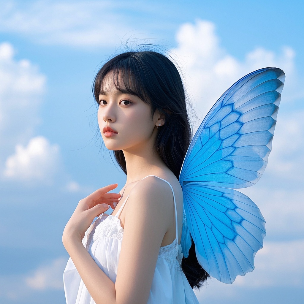 数字艺术家快速生成蓝翼少女优雅站姿参考图