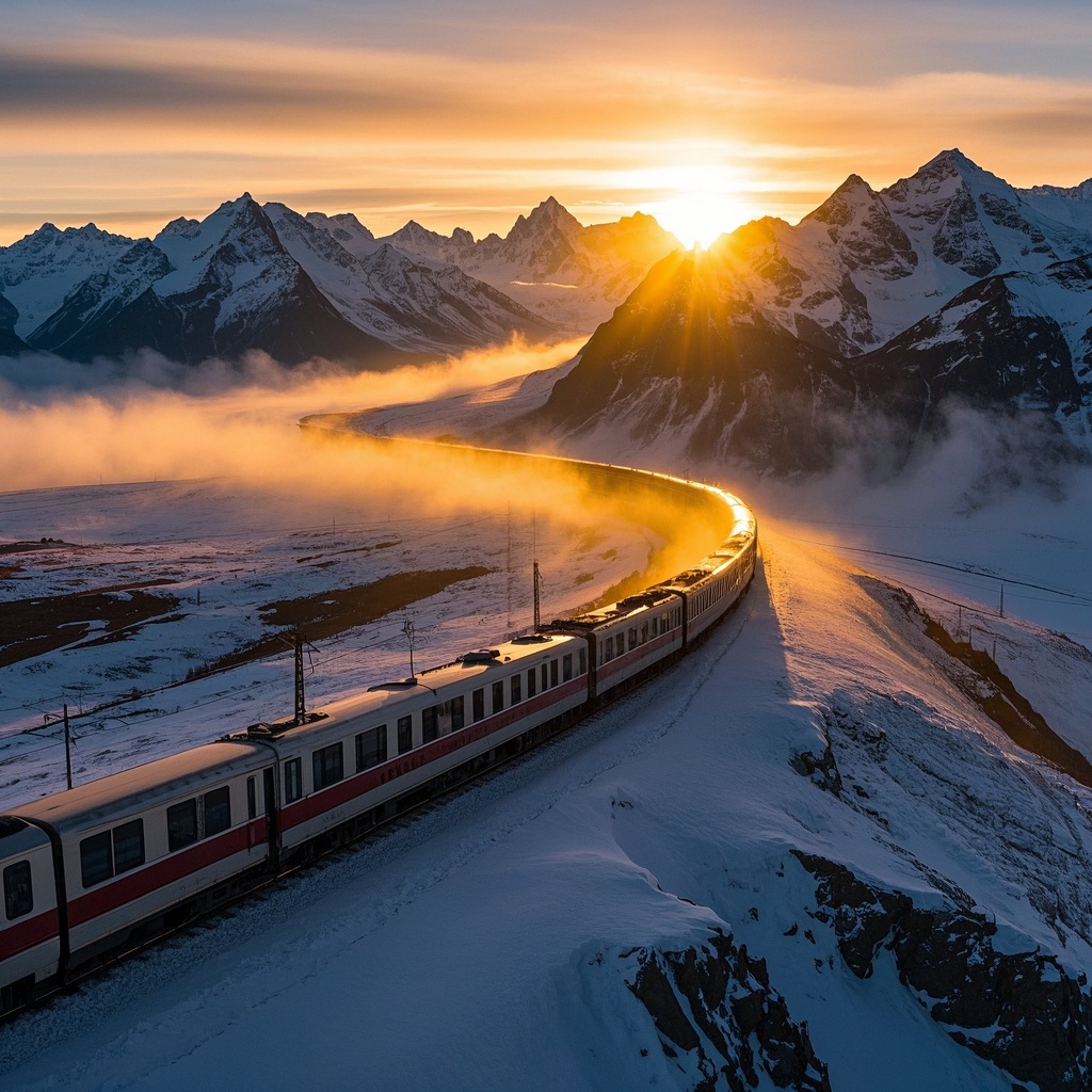 摄影与修图-分镜预览-雪山列车暮色航拍