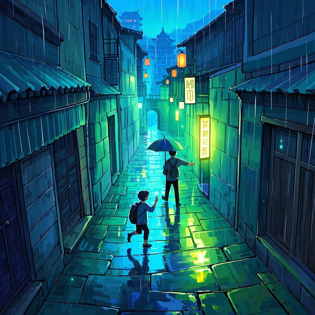 旅途趣事插画-分镜色稿-古城雨夜相遇