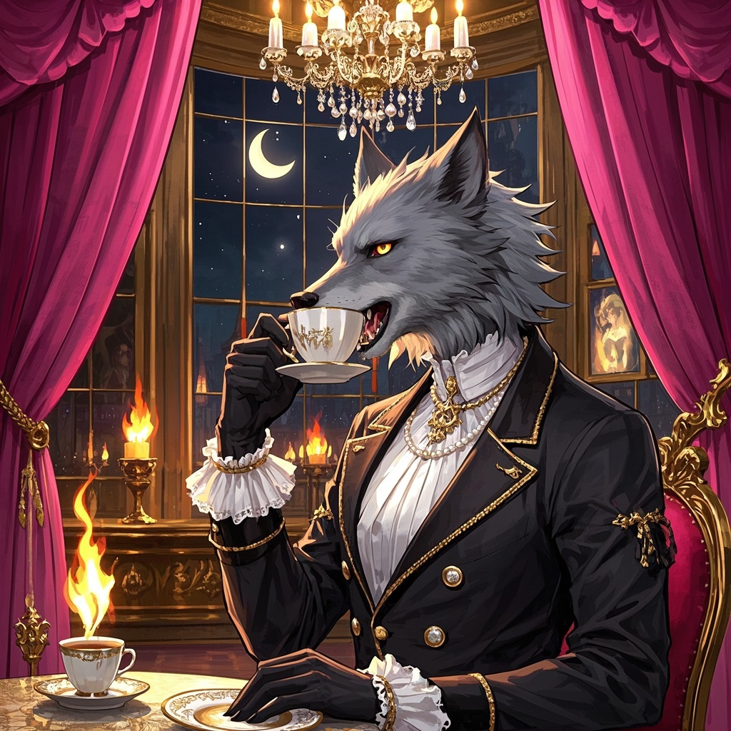 概念艺术设计师-世界观氛围图-洛可可狼人咖啡厅奇境