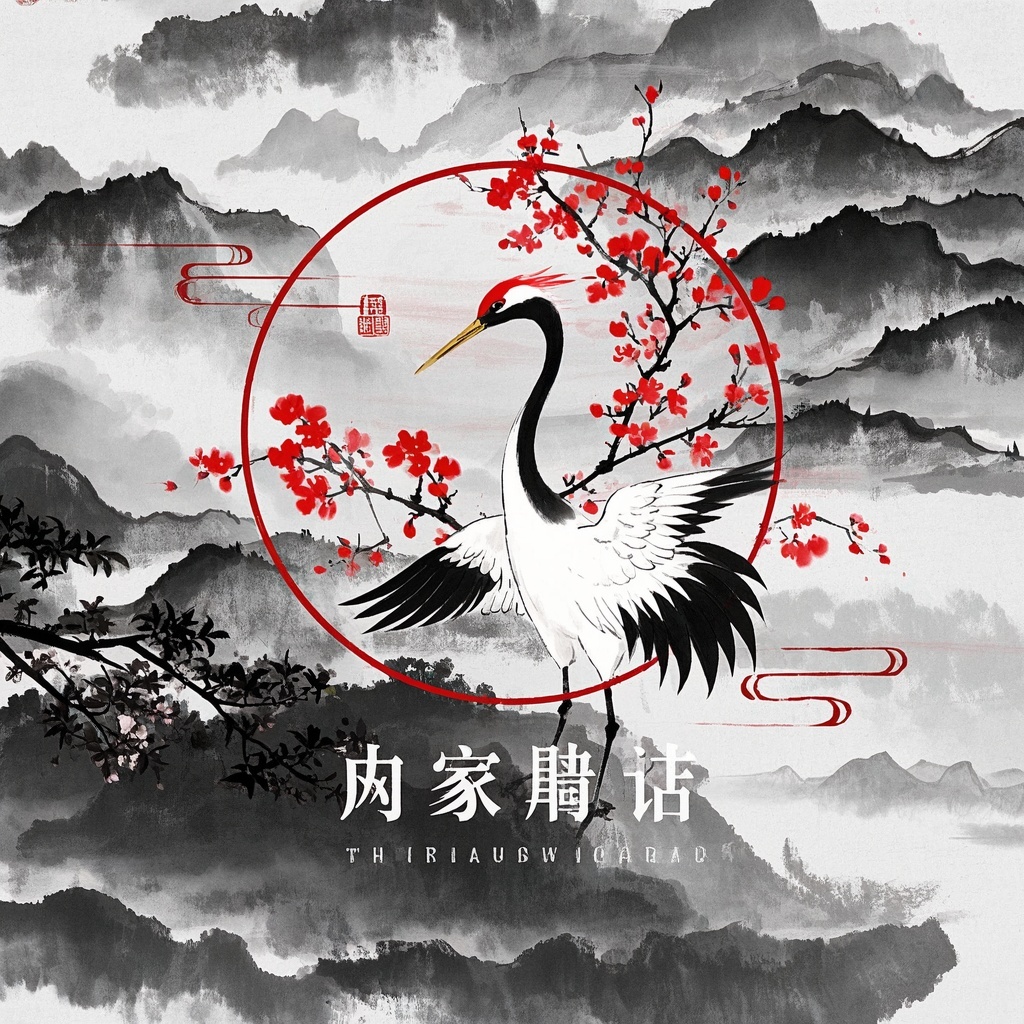 《水墨樱花鹤舞图》-电商包装插画与店铺Banner