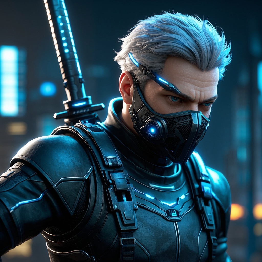 数字角色肖像艺术-游戏原画概念：赛博忍者外观与姿态变体