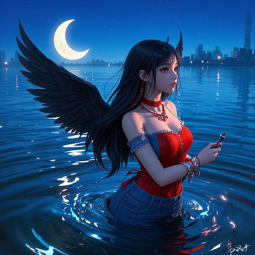自媒体创作宣传：单人黑翼少女黑夜悬浮都市素材制作