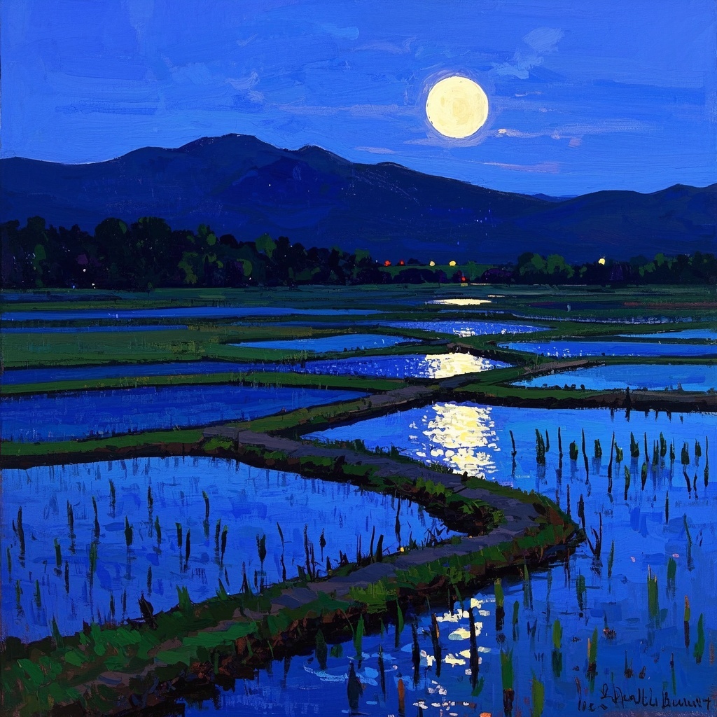 月夜原始稻田